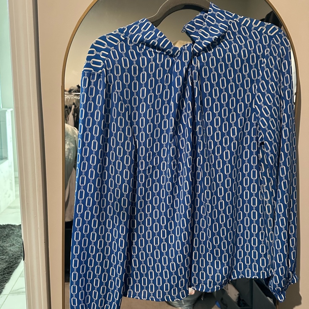 Ann Taylor Factory Blue Chain Tie-Neck Blouse